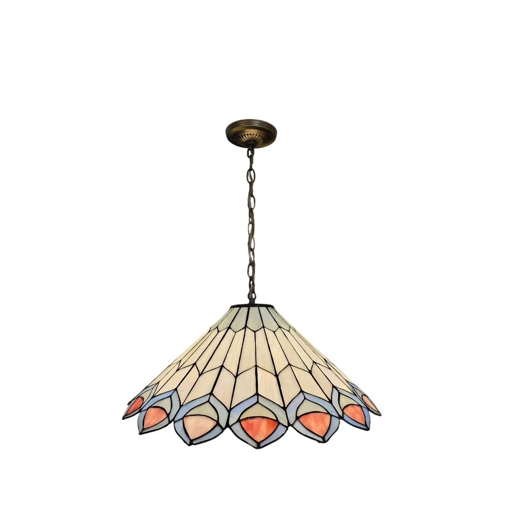 Tiffany Style Stained Glass Pendant Light Peacock Feather Slag Glass Lamp Cream
